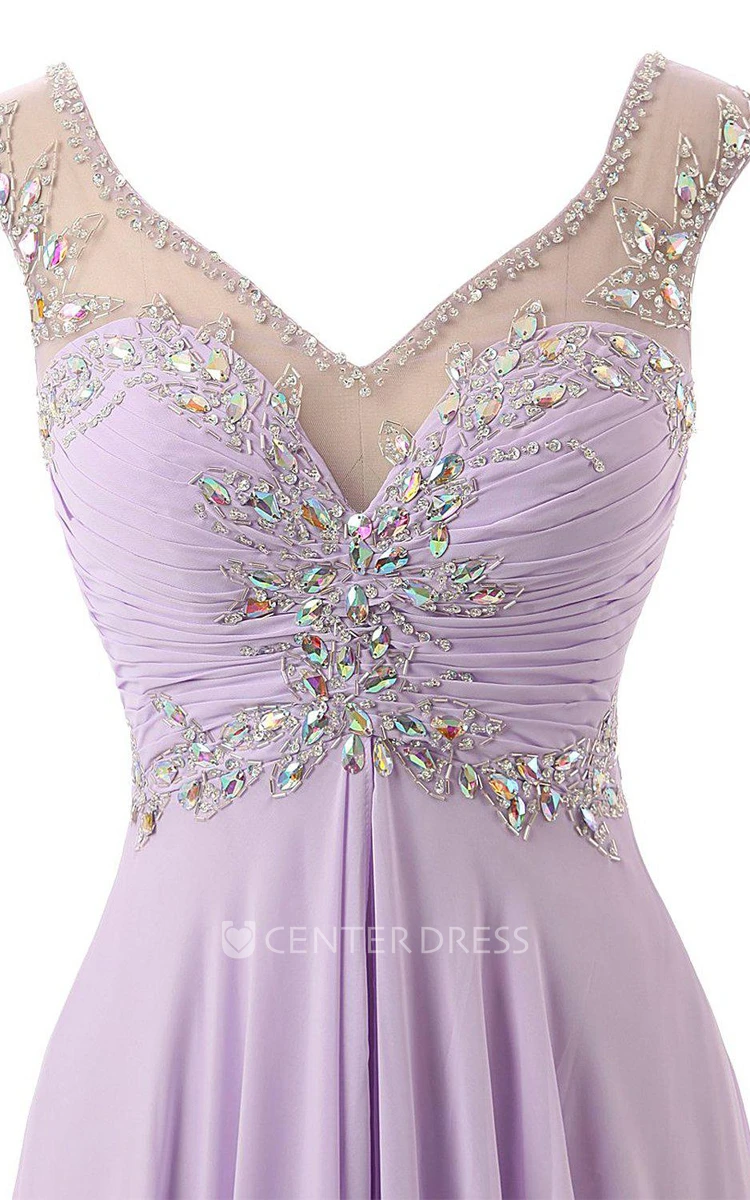 Cap-sleeved Long Gown With Beaded Illusion Style