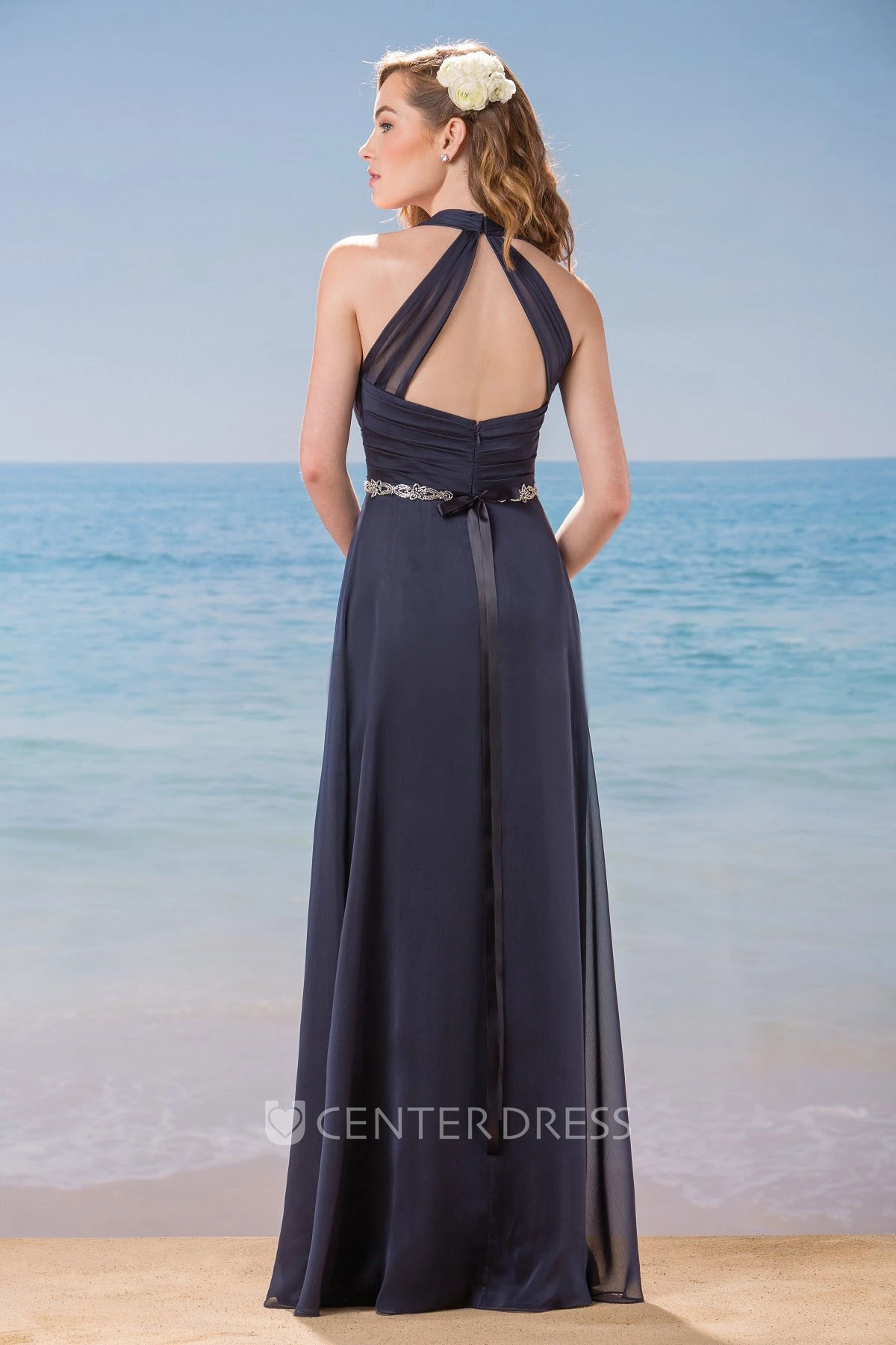 Halter Long Bridesmaid Dress With Pleats And Keyhole Back