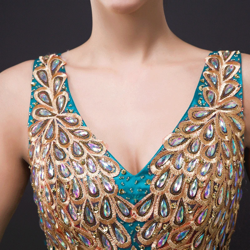 Sleeveless V Neck Sequined Long Tulle Dress