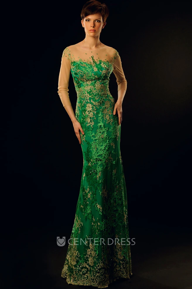 Sheath 3-4-Sleeve Maxi Appliqued Scoop-Neck Lace Prom Dress