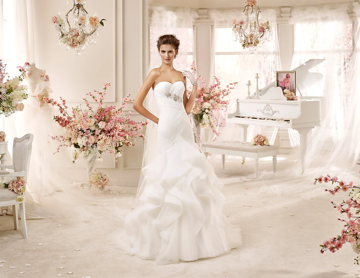Sweetheart Sheath Pleated Wedding Dress with Cascading Ruffles and Lace-up Back