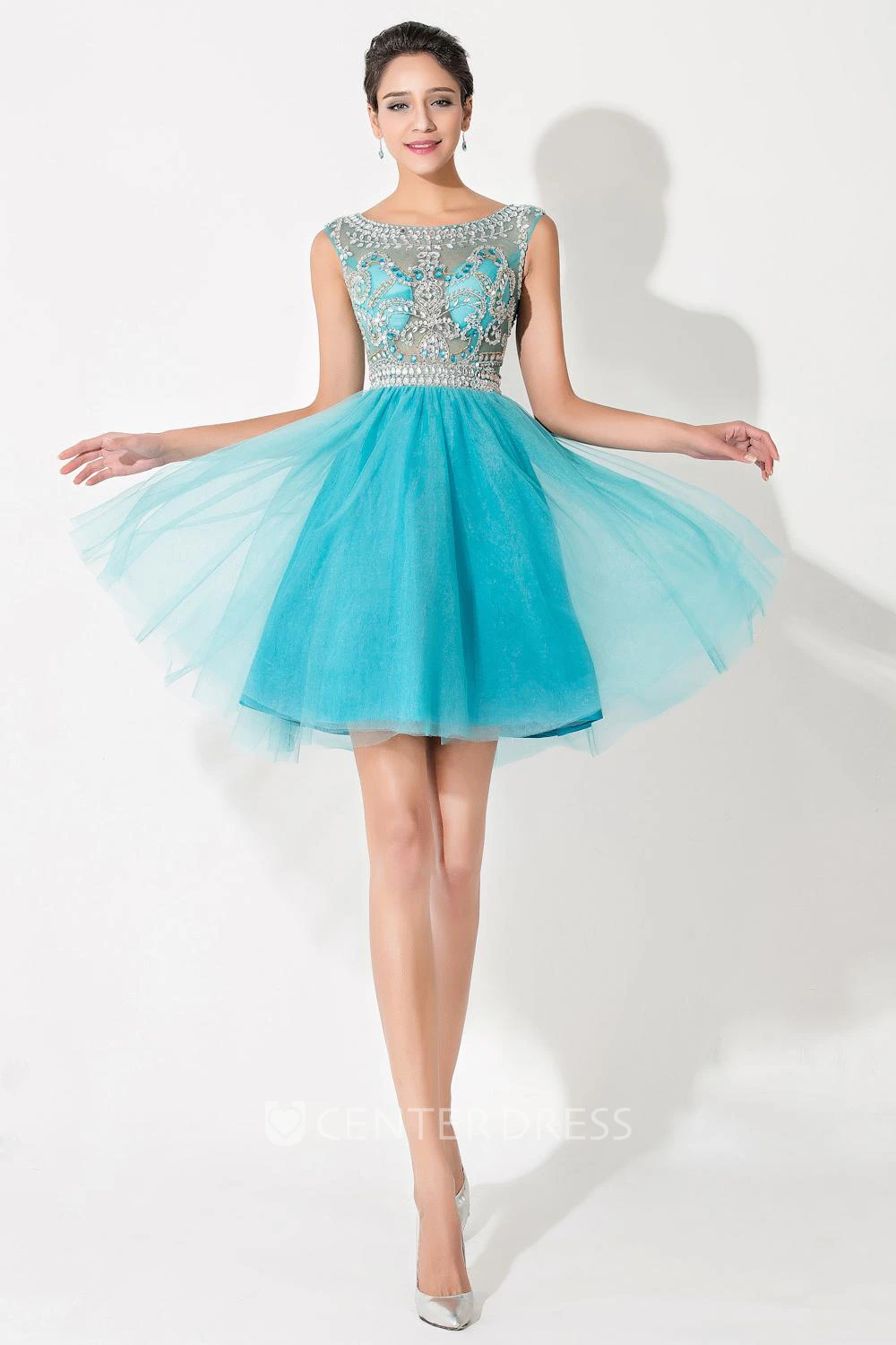 Modern Illusion Cap Sleeve Tulle Homecoming Dress With Crystals