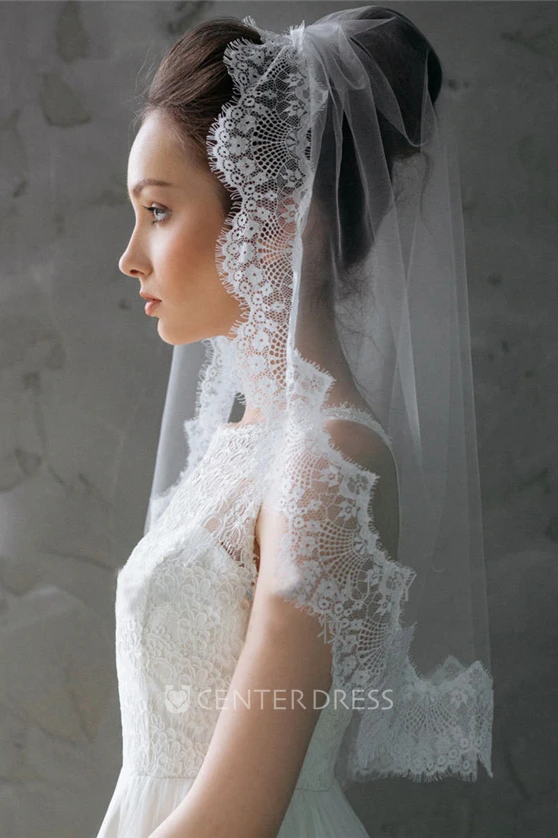 Short Tulle Lace Applique Bridal Veil