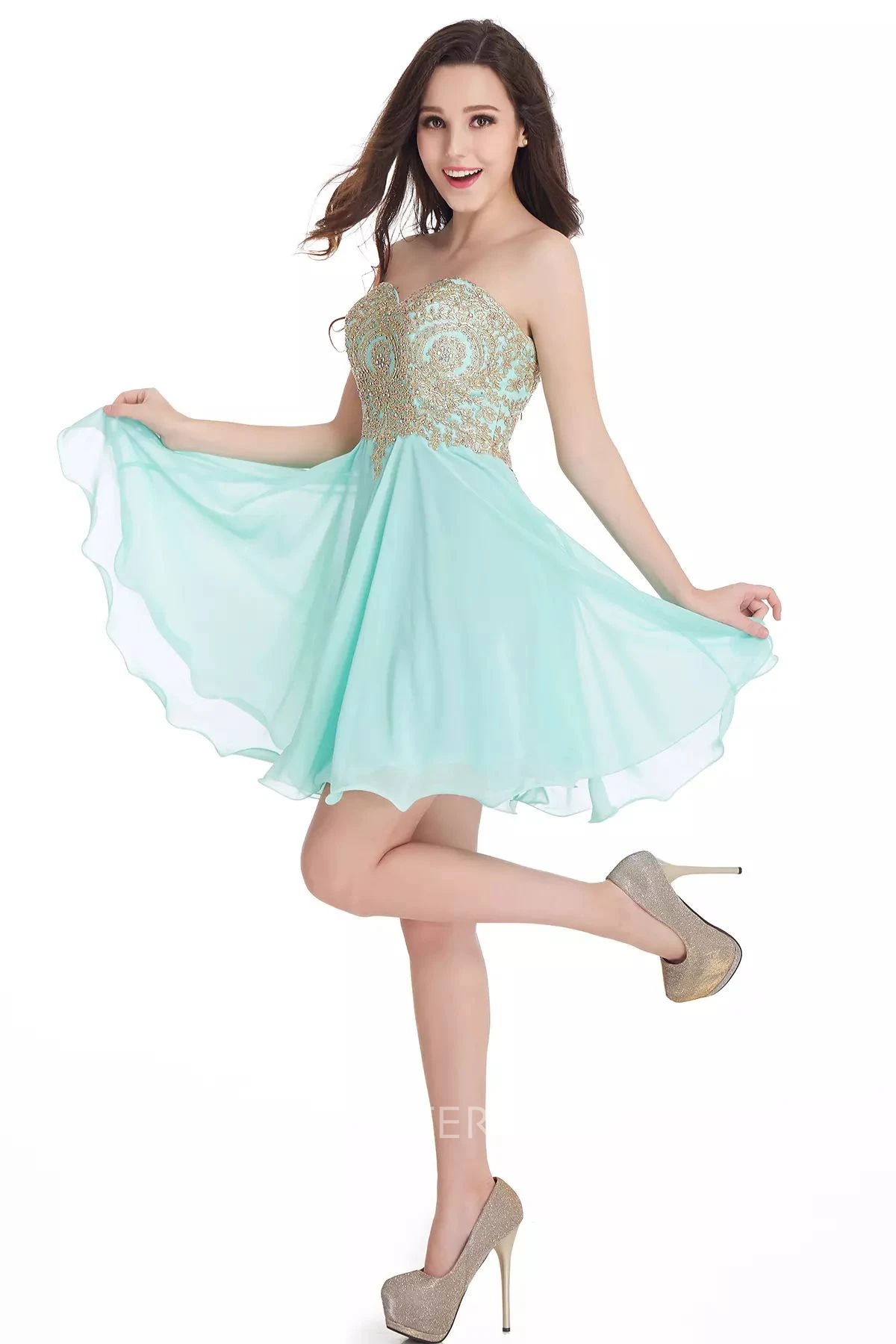 A-line Short Mini Sleeveless Sweetheart Beading Lace Pleats Chiffon Lace Homecoming Dress