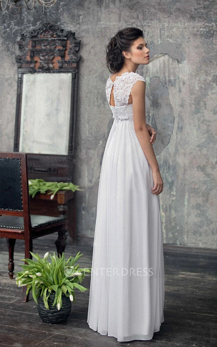Empire Cap-Sleeve Chiffon Dress With Pleats And Appliques