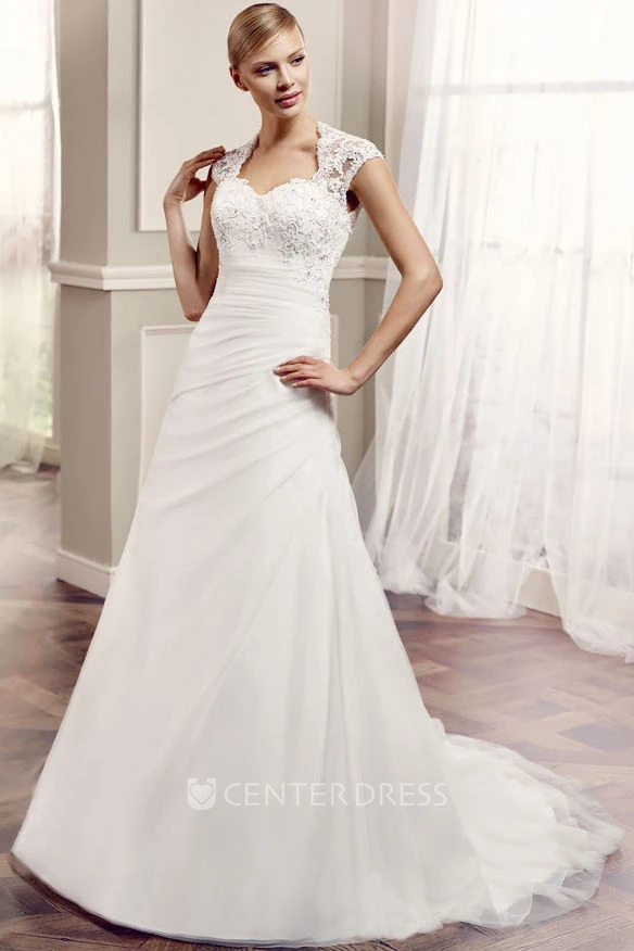 A-Line Side-Draped Long Cap-Sleeve Lace Wedding Dress With Keyhole Back And Appliques