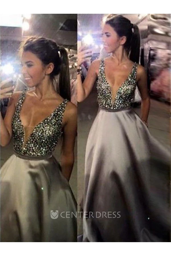 Sleeveless Sweep Brush Train A-Line V-neck Satin Dress