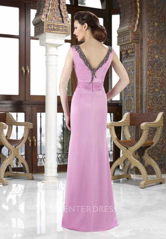 Maxi Split-Front Jewel Neck Satin Mother Of The Bride Dress With Cape And Beading