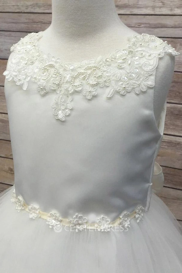 Floral Tea-Length Beaded Appliqued Tulle&Sequins Flower Girl Dress With Tiers