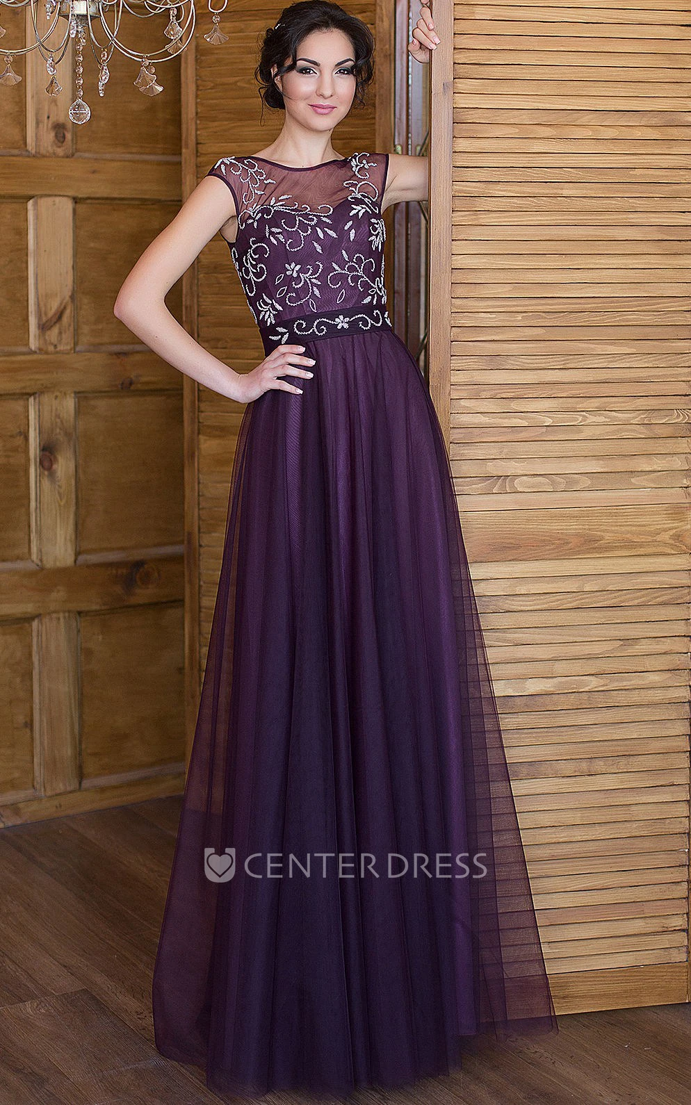A-Line Floor-Length Bateau Short Sleeve Tulle Beading Pleats Lace-Up Dress