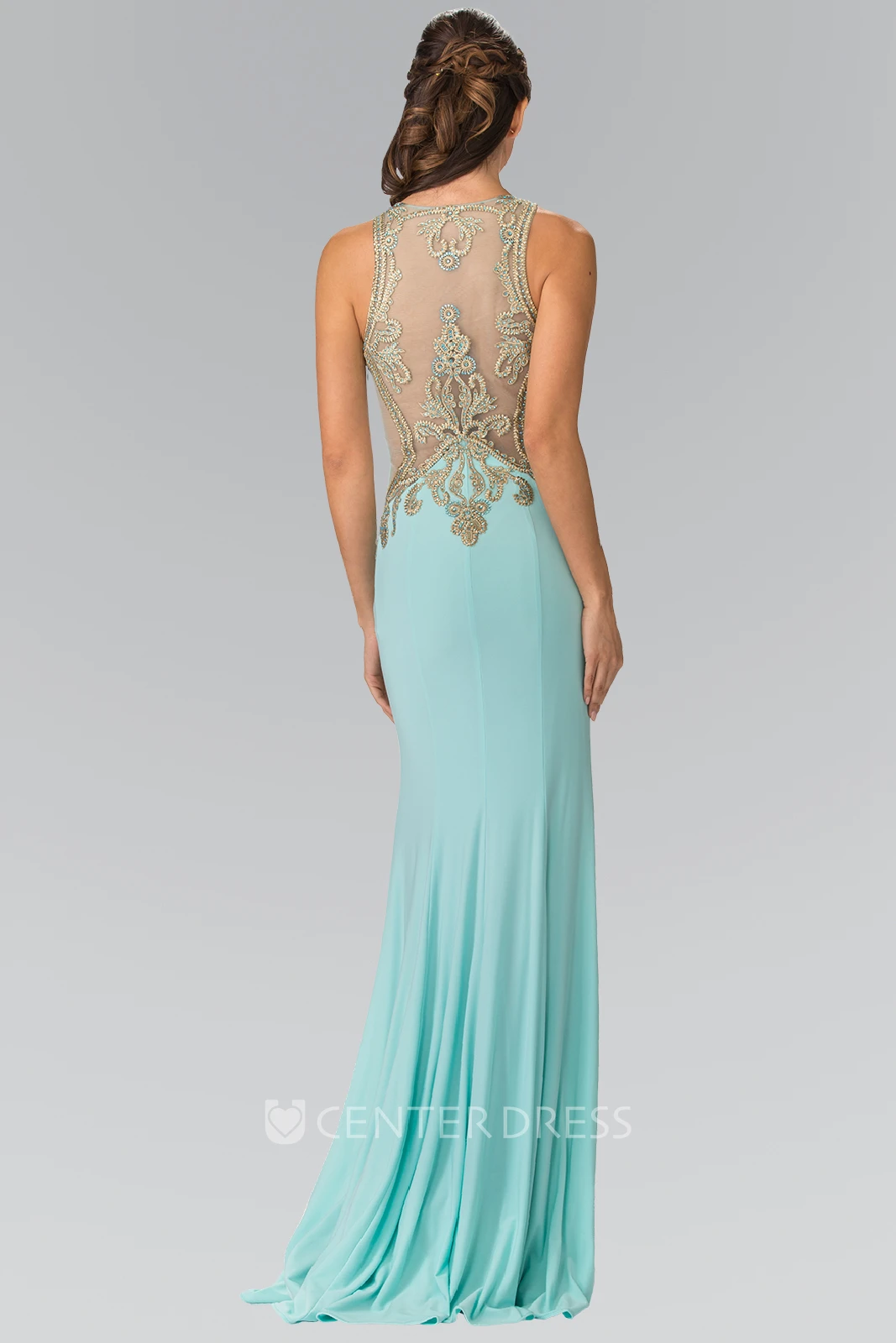 Sheath V-Neck Sleeveless Jersey Illusion Dress With Beading And Pleats