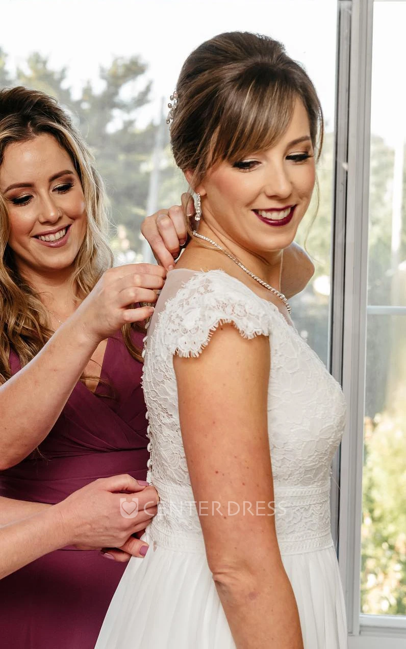 Modest Cap Sleeve Low V-Neck Illusion Back A-Line Lace Tulle Winter Wedding Dress with Train