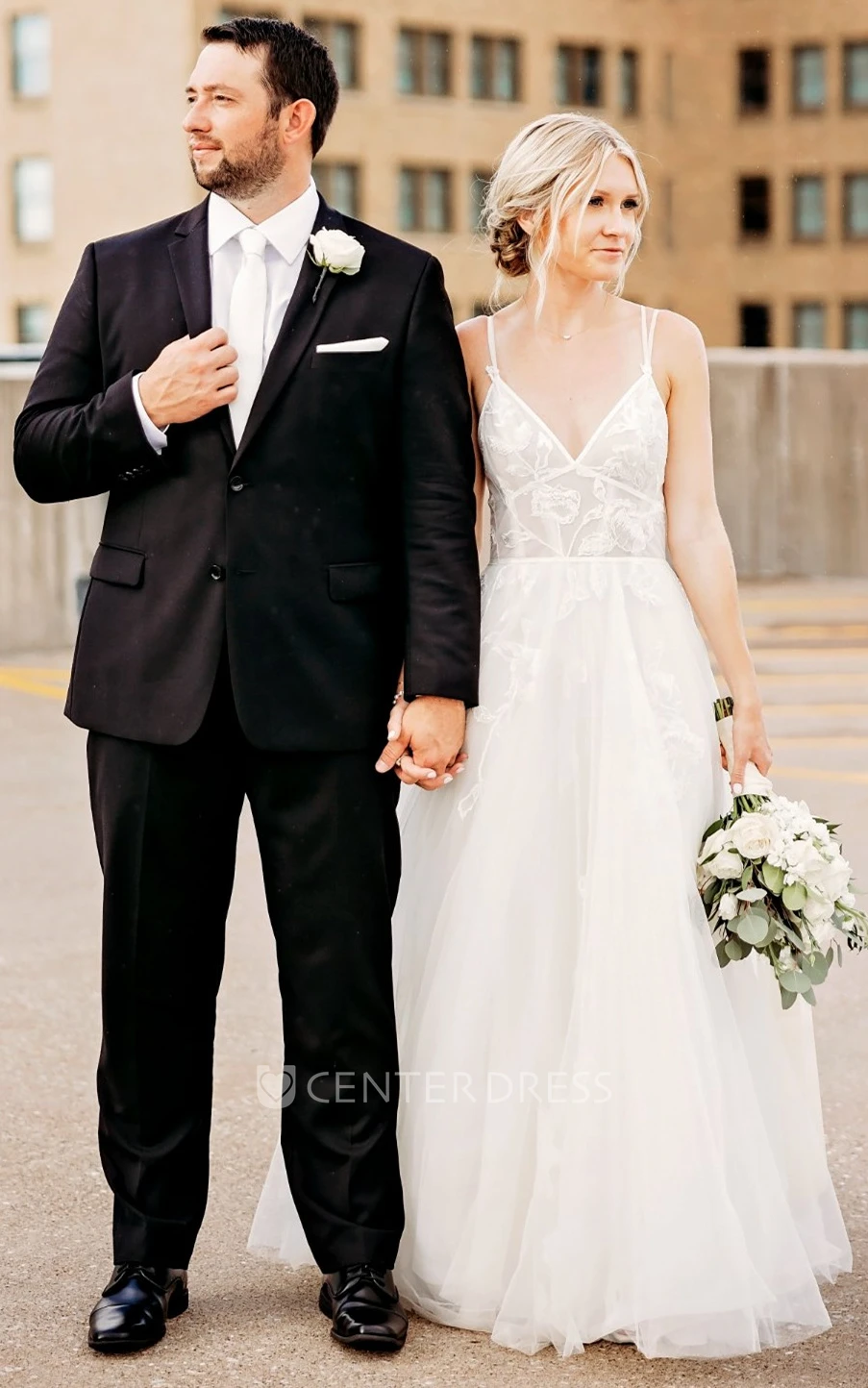 Casual A-Line V-neck Tulle Floor-length Wedding Dress with Appliques