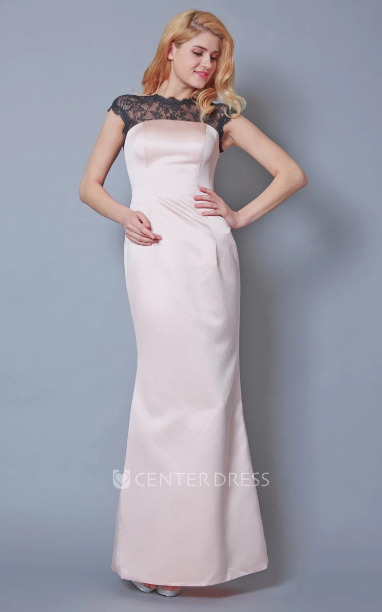 Short Sleeve Bateau Neck Long Satin Gown With Illusion Back