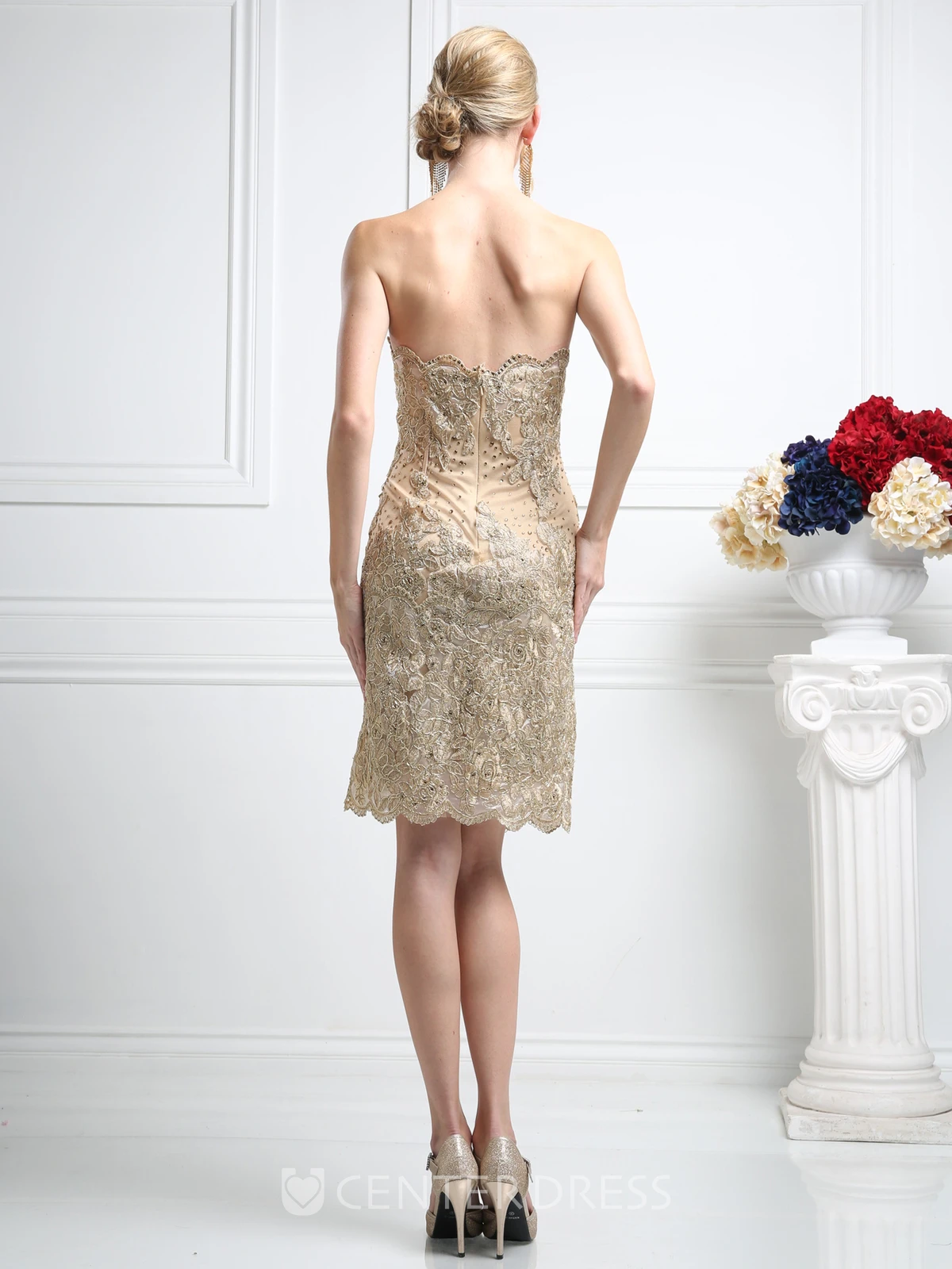 Pencil Short Strapless Sleeveless Lace Backless Dress With Beading