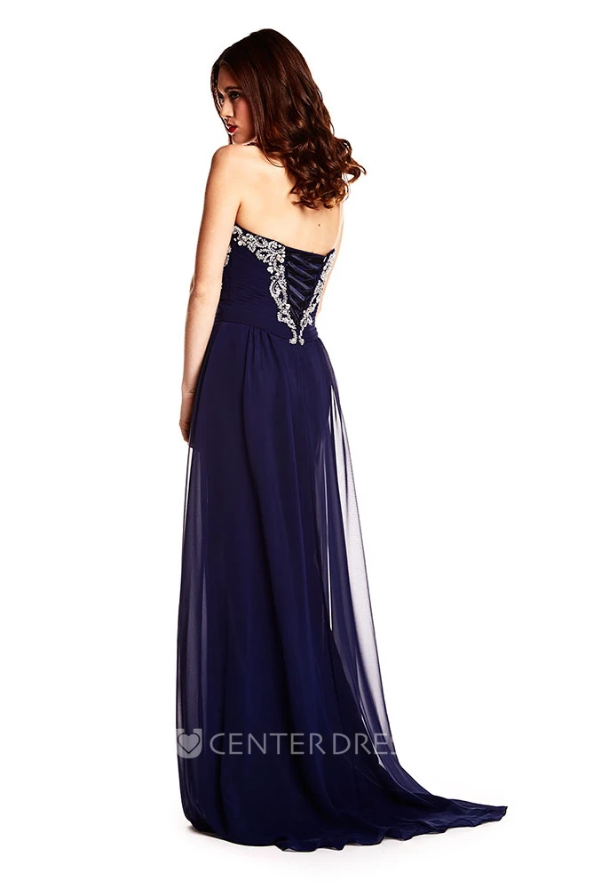 A-Line Sweetheart Sleeveless Maxi Beaded Chiffon Prom Dress With Lace-Up Back And Sweep Train