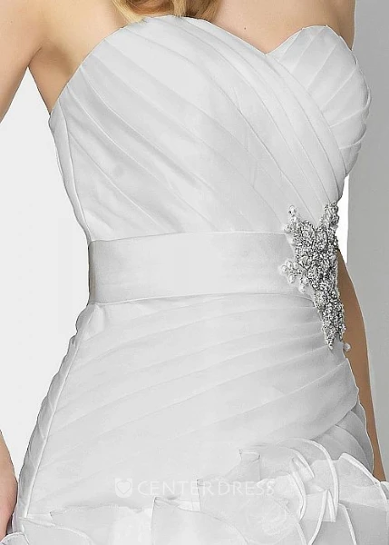 A-Line Jeweled Sweetheart Floor-Length Organza Wedding Dress With Criss Cross And Brush Train