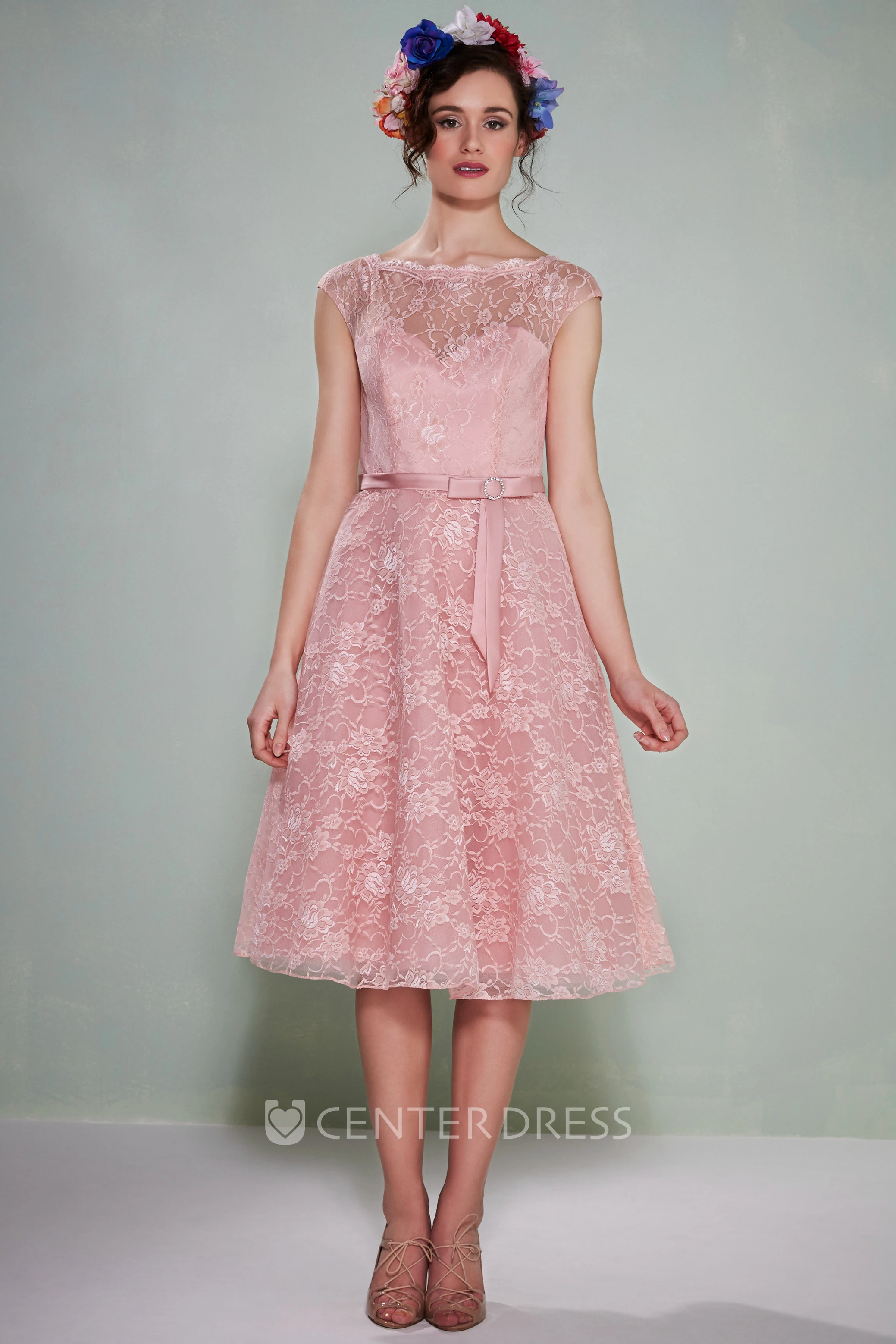 Tea-Length Sleeveless Bowed Bateau Neck Lace Bridesmaid Dress With Low-V Back
