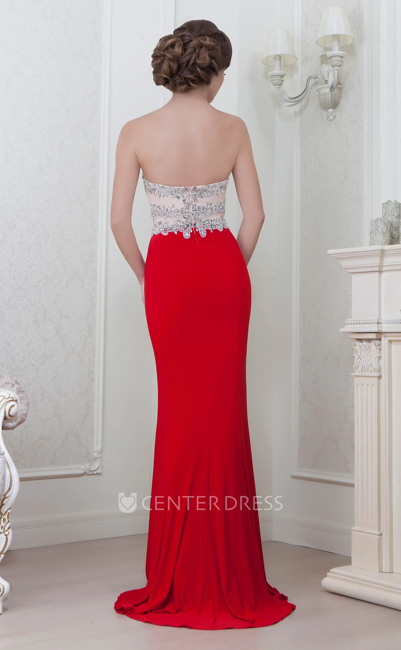 Sheath Long Sweetheart Crystal Sleeveless Jersey Evening Dress