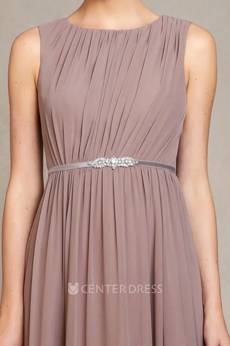 Scoop Long Ruched Chiffon Bridesmaid Dress With Sweep Train And Keyhole