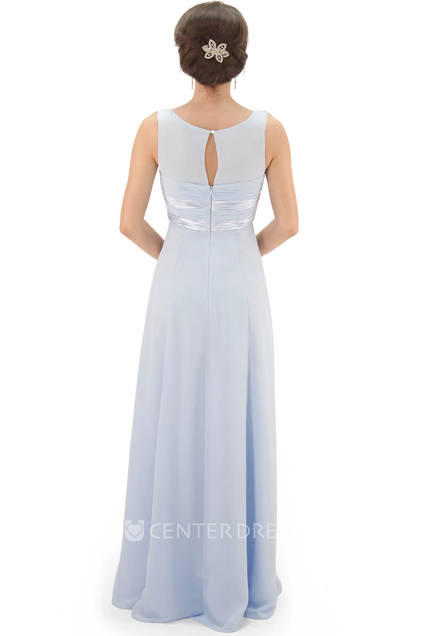 Maxi V-Neck Ruched Chiffon Bridesmaid Dress With Pleats And Illusion