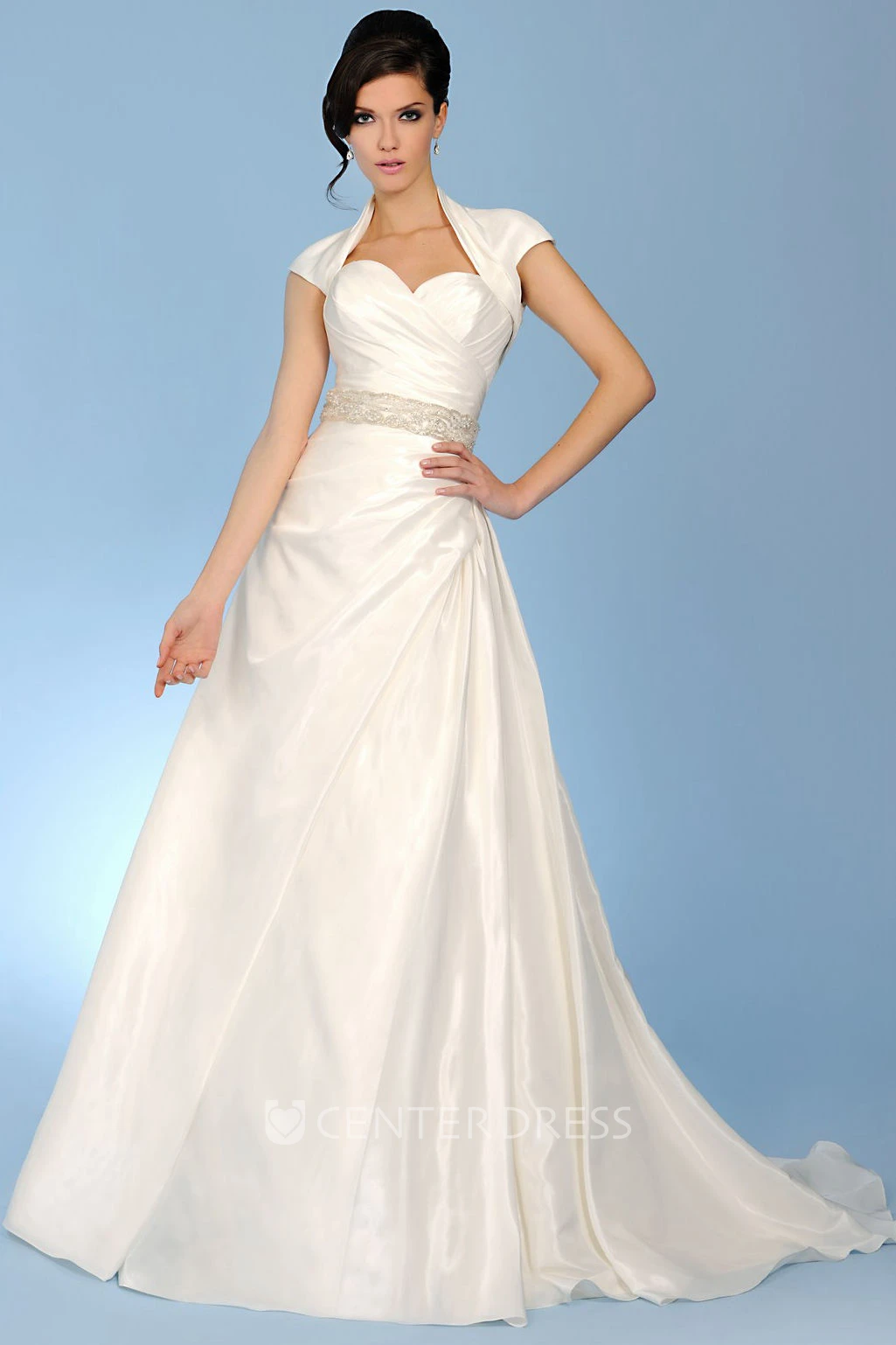 A-Line Sweetheart Cap-Sleeve Jeweled Taffeta Wedding Dress With Side Draping And Cape