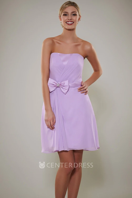 Short Bowed Strapless Chiffon Bridesmaid Dress With Criss Cross