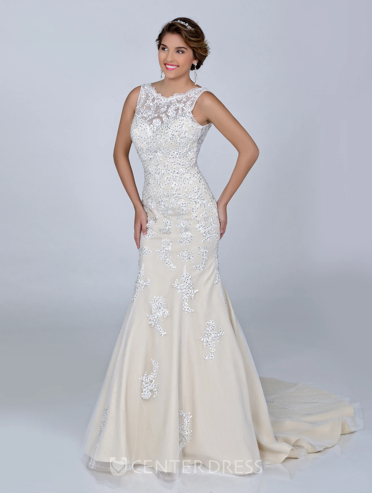 Sequined Sleeveless Sheath Lace Wedding Dress With Bateau Neck And Deep V-Back