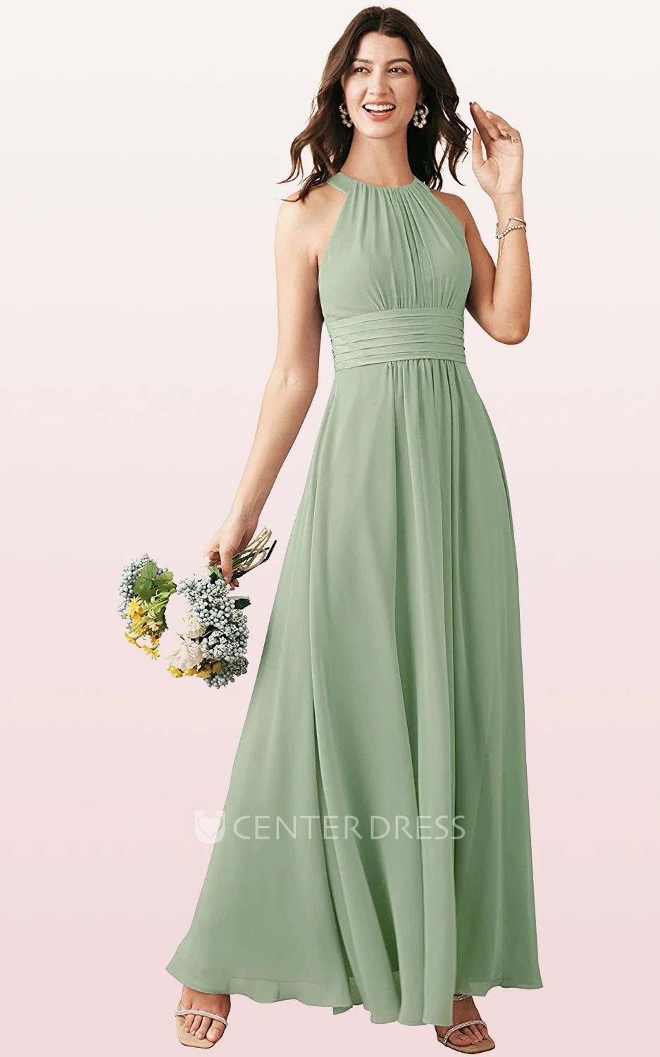 Modern Chiffon Ankle-length Halter A Line Sleeveless Bridesmaid Dress With Ruching
