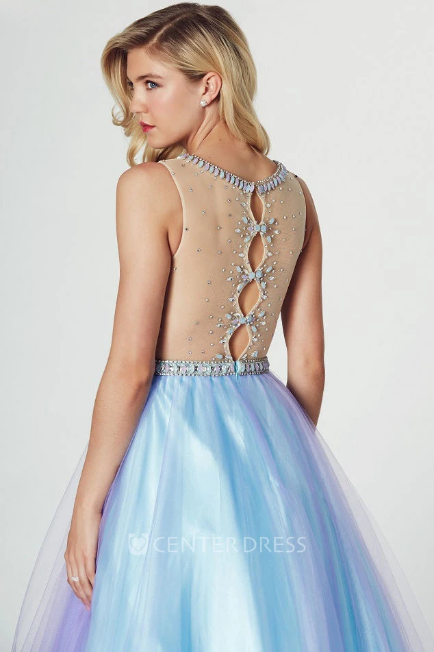 A-Line Maxi High Neck Sleeveless Ruched Tulle Prom Dress
