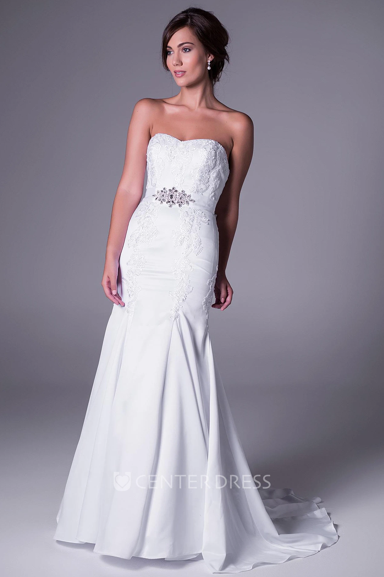 Mermaid Appliqued Strapless Chiffon Wedding Dress With Waist Jewellery