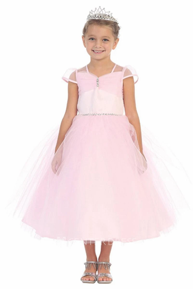 Ankle-Length Illusion Ruched Tiered Tulle Flower Girl Dress With Ribbon