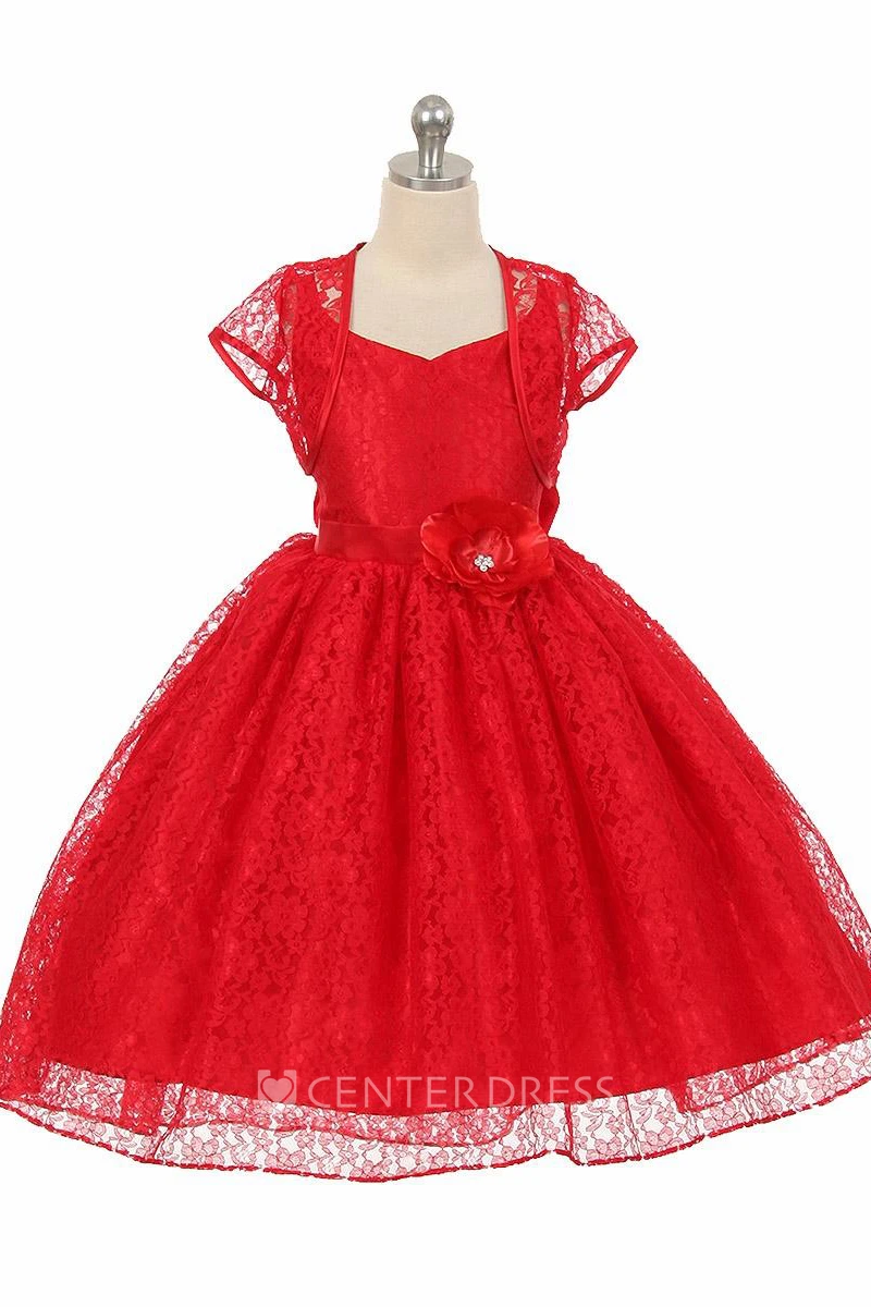 High-Low Floral Criss-Cross Lace Flower Girl Dress With Sash