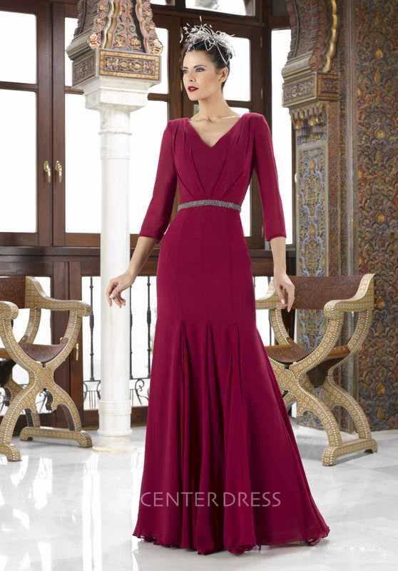 3-4 Sleeve V-Neck Jeweled Chiffon Mother Of The Bride Dress