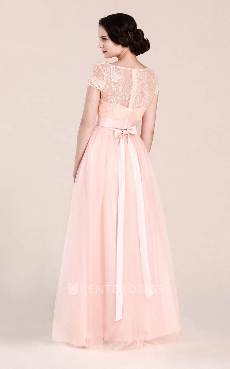 Cap Sleeve A-line Lace Tulle Bridesmaid Dress With Ribbon Belt