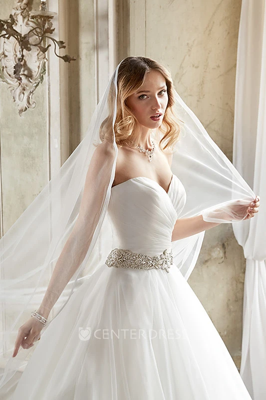 Ball Gown Jeweled Floor-Length Sweetheart Tulle Wedding Dress With Criss Cross And Court Train