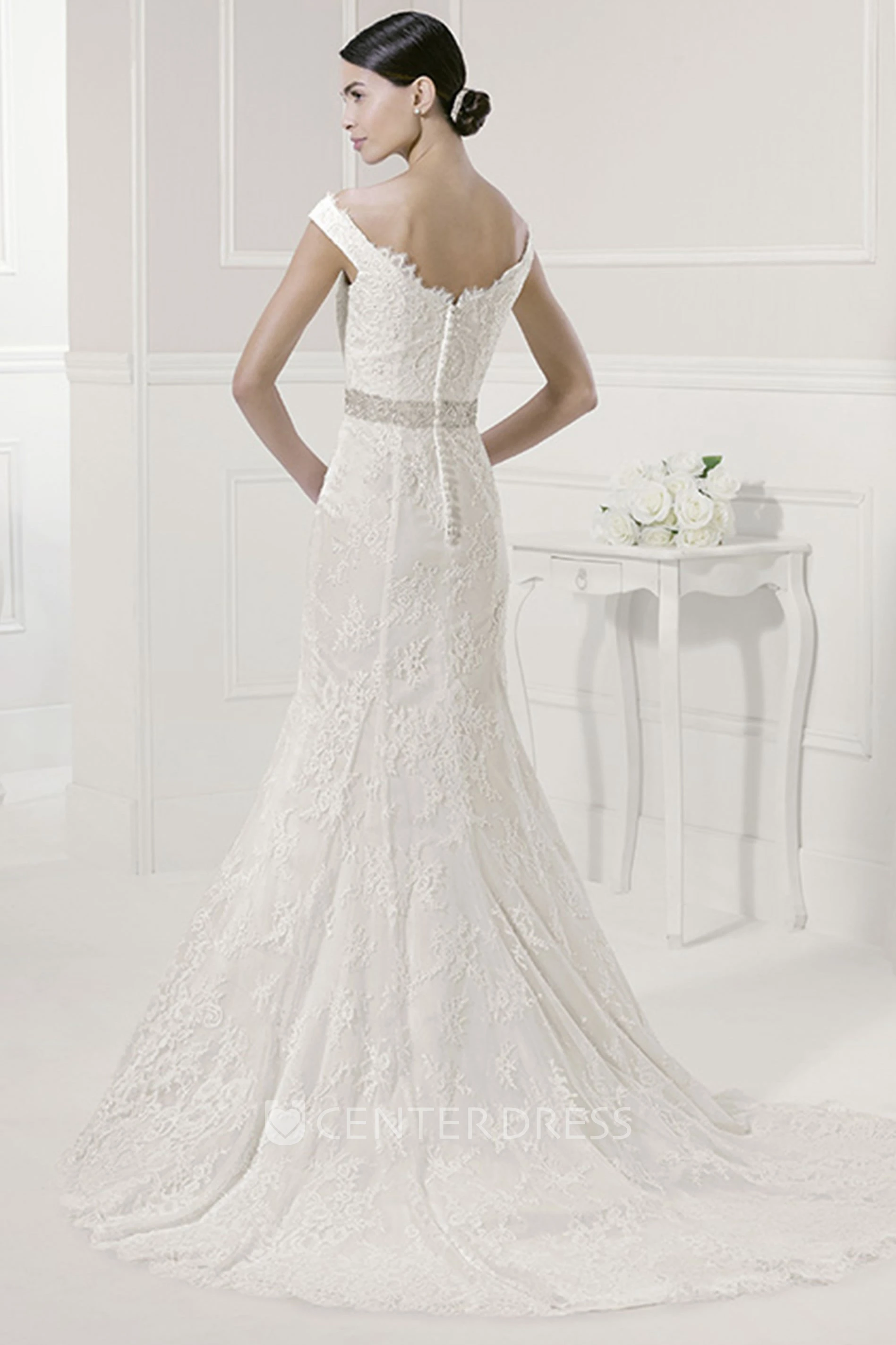Scalloped Neck Off Shoulder Mermaid Lace Gown With Sash