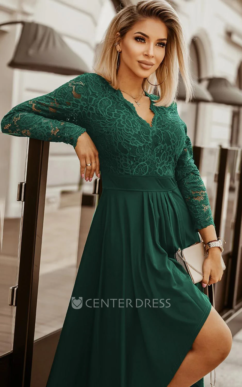 Romantic A-Line High-Low Jersey Evening Dress With Illusion Sleeves And Zipper Back