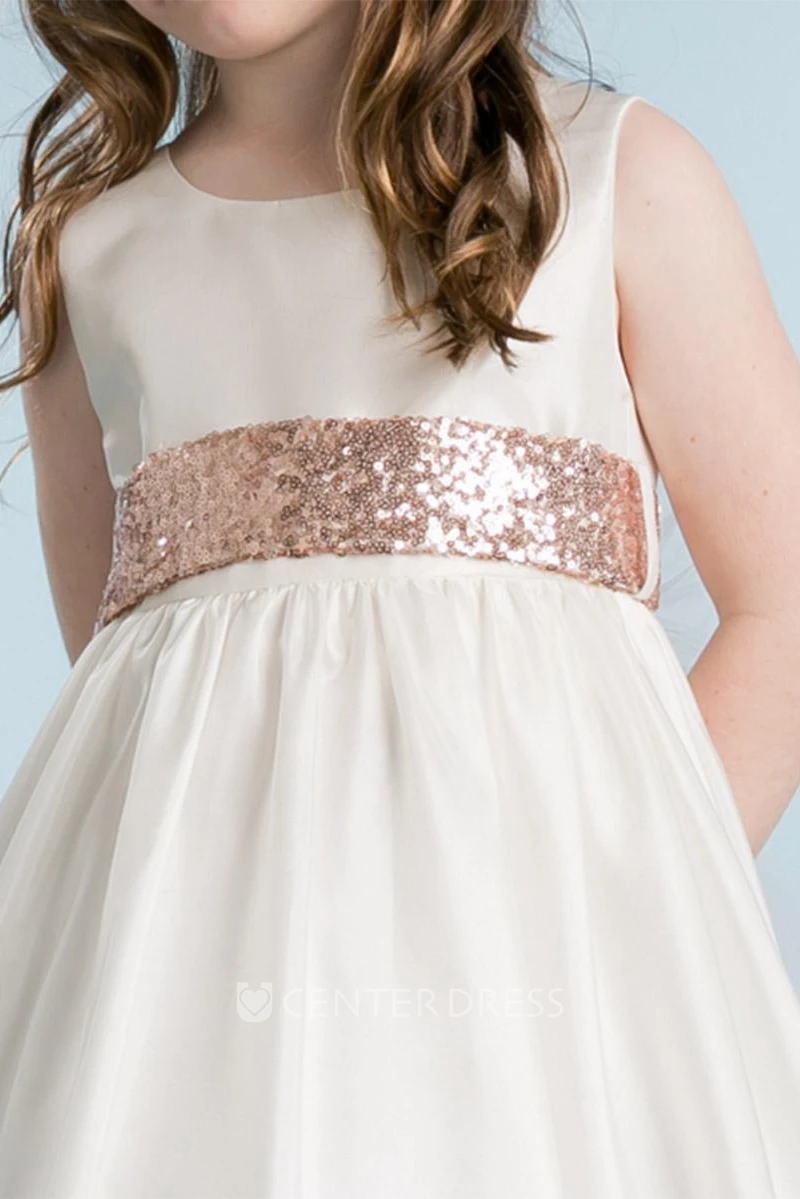 Tea-Length Sleeveless Tulle&Sequins Flower Girl Dress