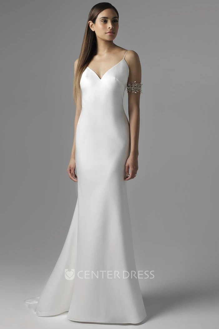Sheath Spaghetti Maxi Sleeveless Satin Wedding Dress With Court Train And Backless Style