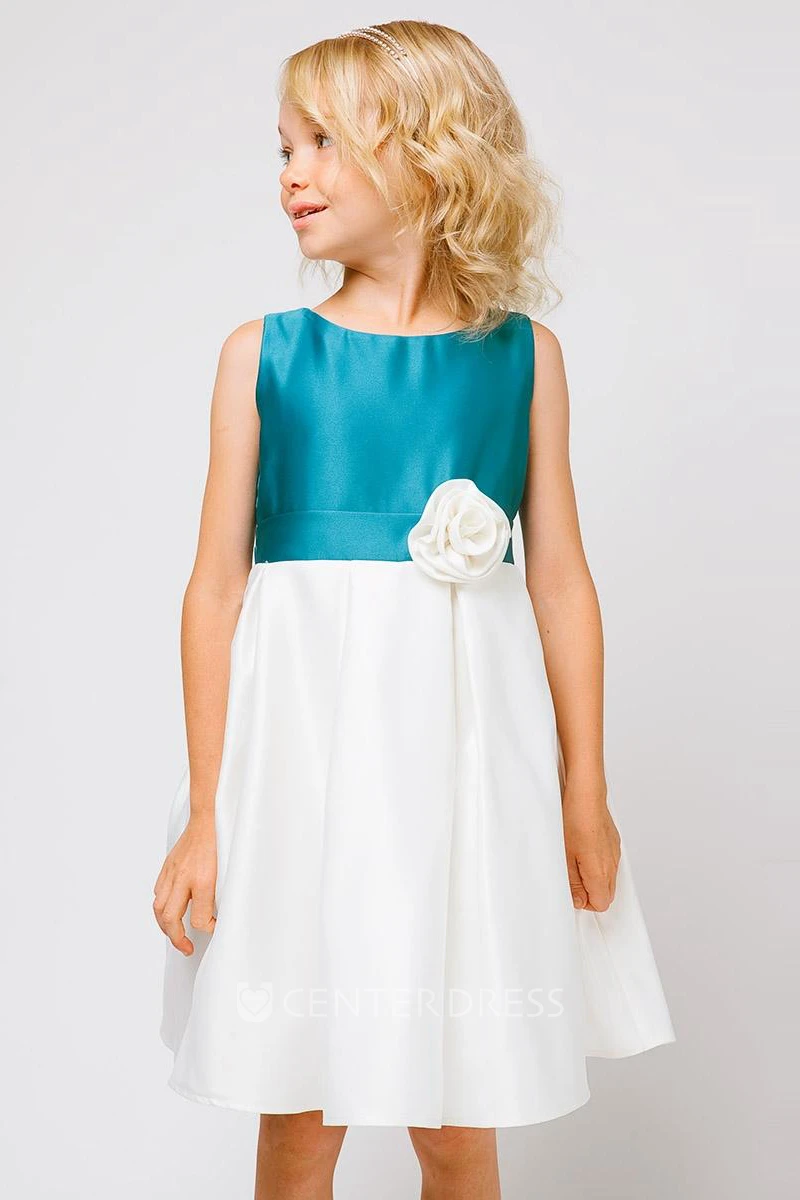 Floral Floral Pleated Satin Flower Girl Dress With Ribbon