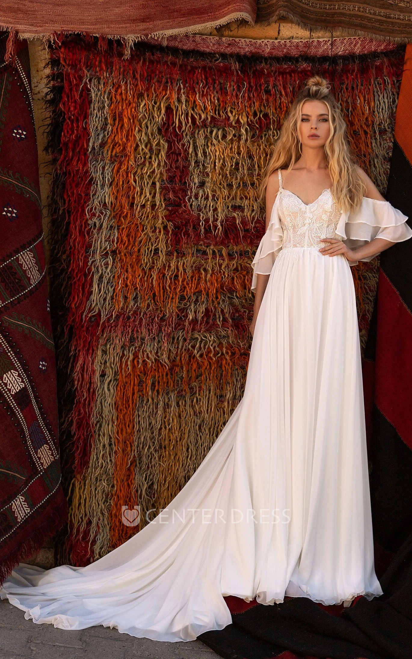 A-Line Off-the-shoulder Spaghetti Tulle Sweep Train Country Wedding Dress