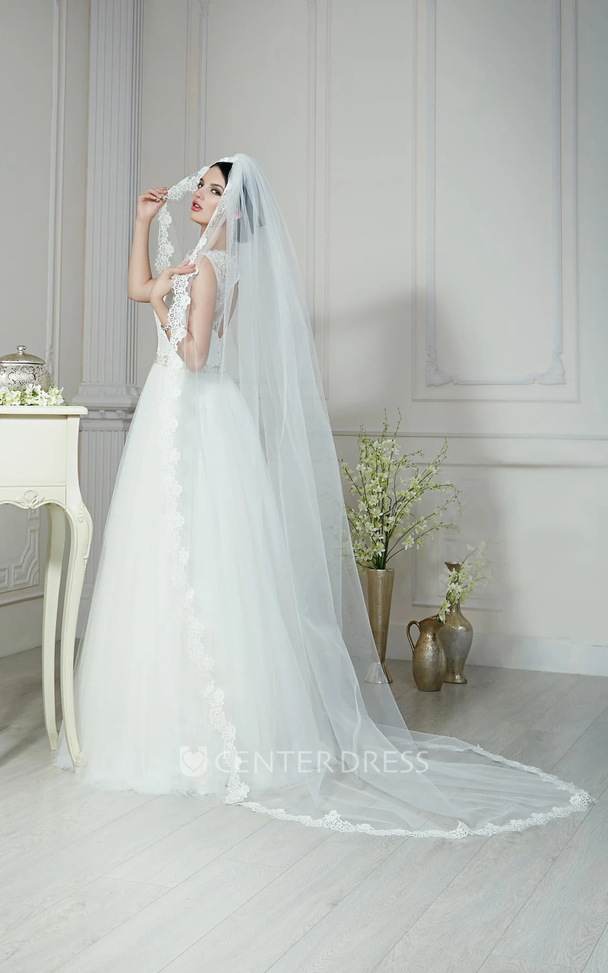 A-Line Floor-Length Bateau-Neck Sleeveless Keyhole Tulle Dress With Beading And Pleatings