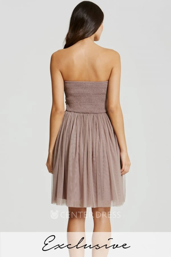 Short Appliqued Strapless Tulle Bridesmaid Dress