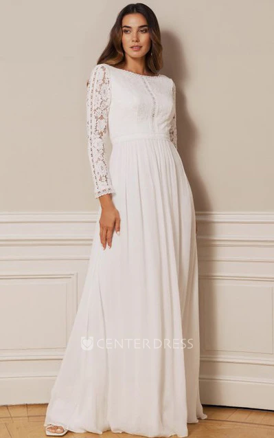 Bohemian Long Sleeve Deep-V Back Chiffon Lace Bateau A Line Floor-length Wedding Dress