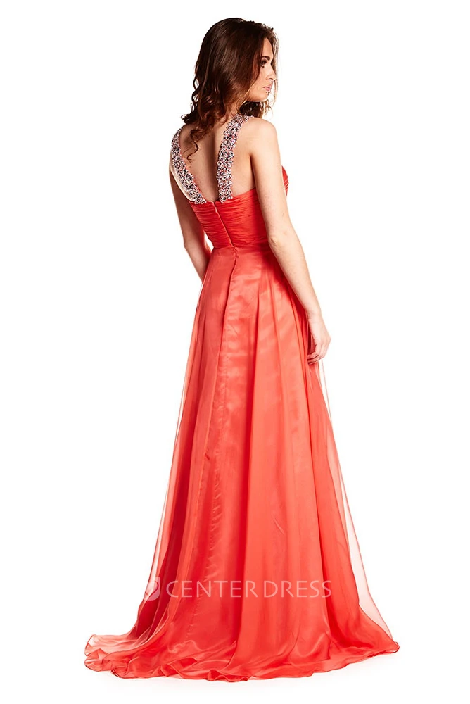Strapped Beaded Sleeveless Chiffon Prom Dress With Ruching And Beading