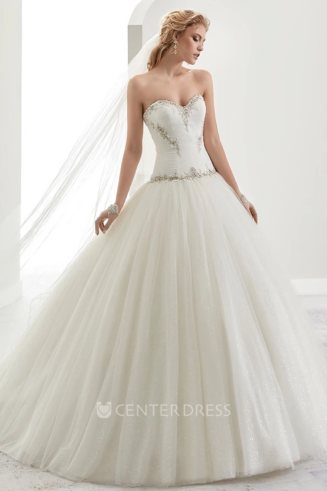Sweetheart Beaded A-Line Bridal Gown With Pleaded Details And Brush Train
