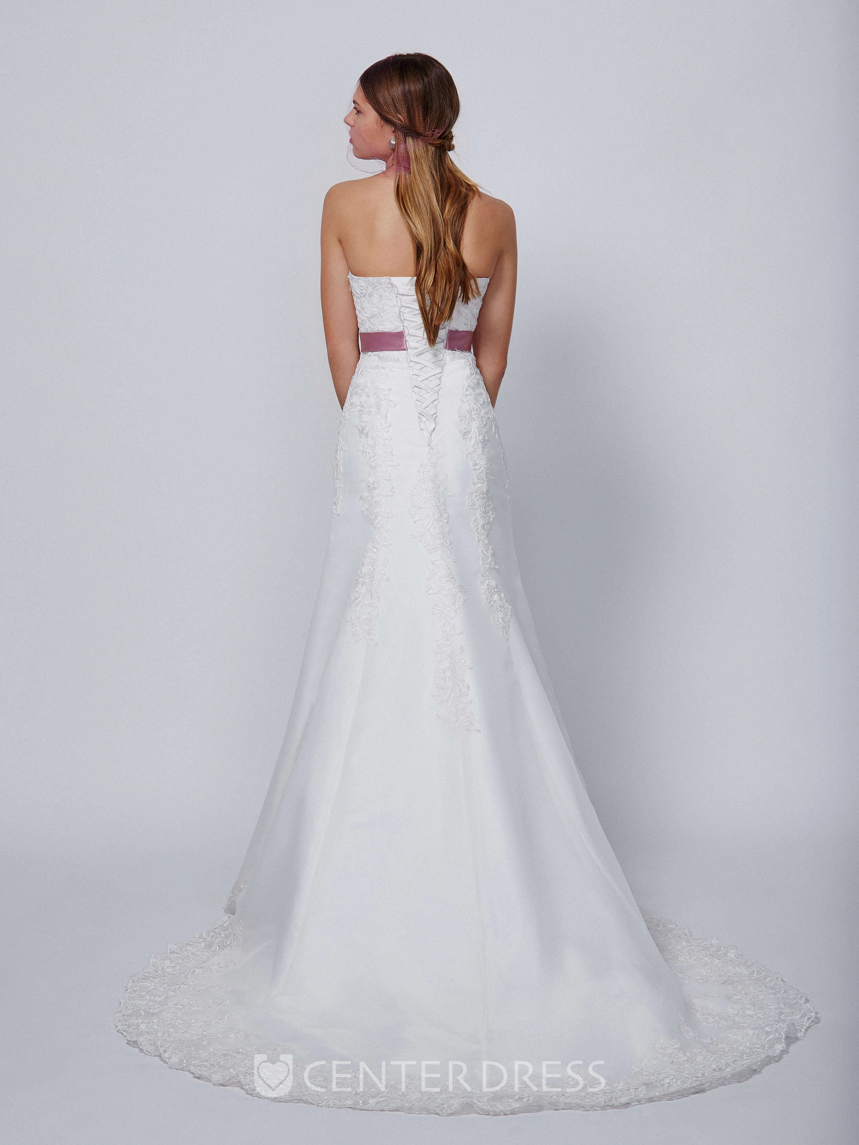 A-Line Strapless Sleeveless Appliqued Long Satin&Lace Wedding Dress With Bow