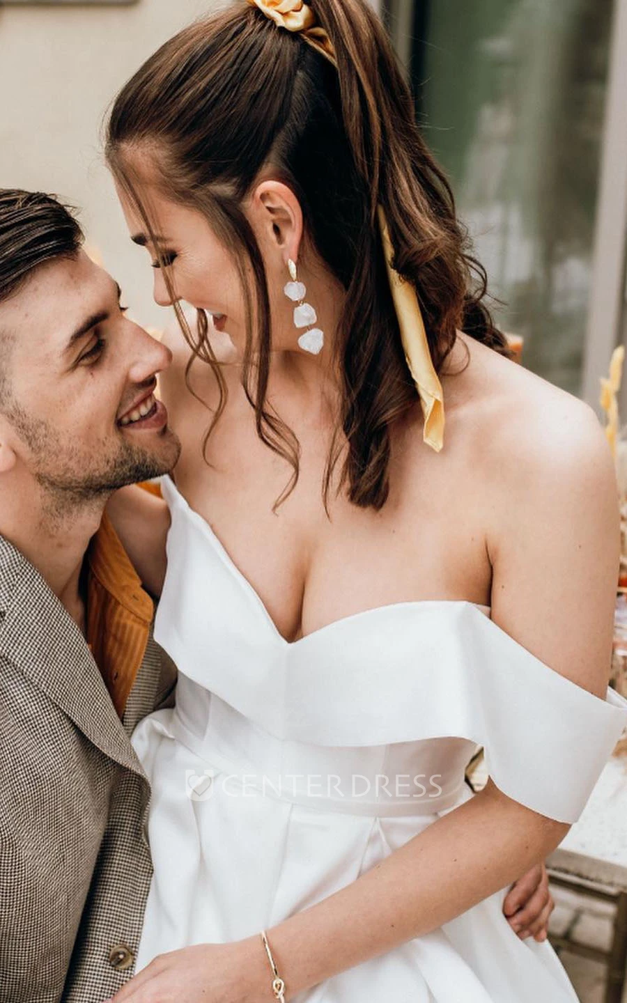 Off-the-shoulder A-Line Simple Sexy Beach Satin Winter Wedding Dress With Open Back And Split Front