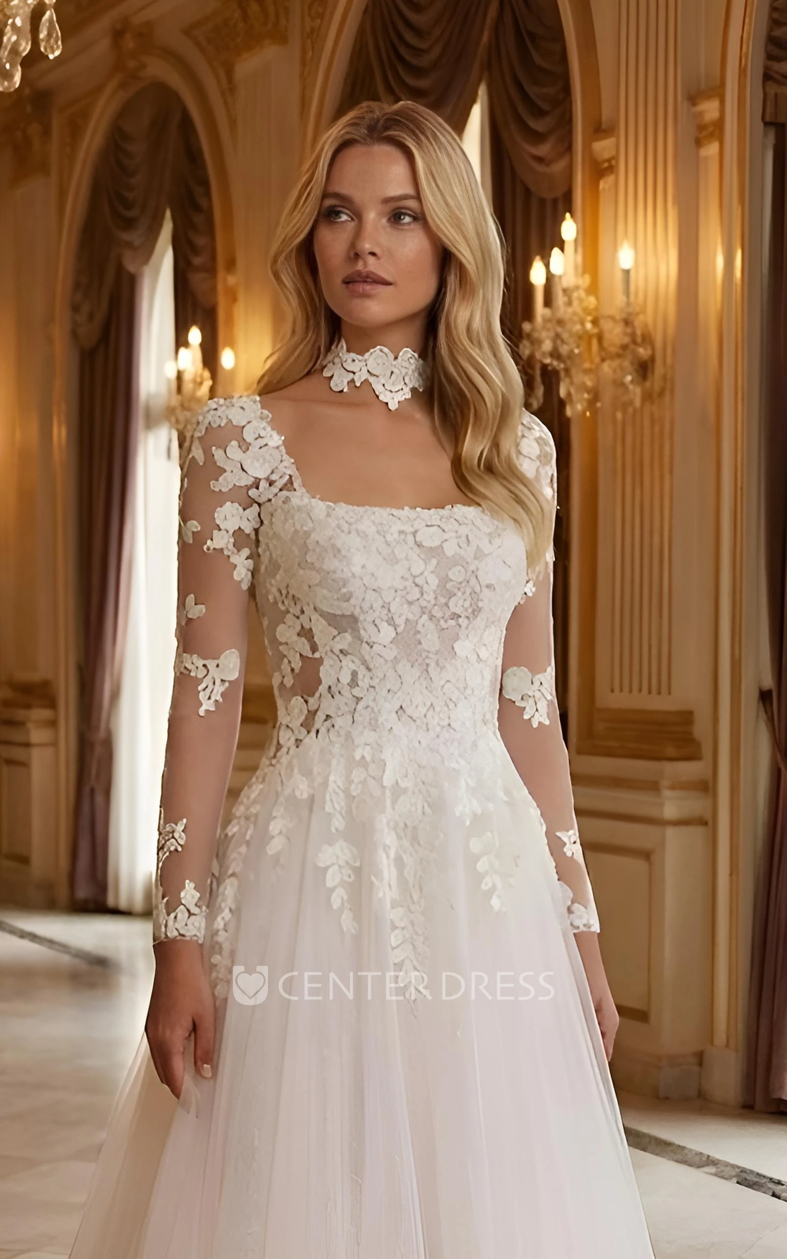 Flowy A-Line Lace Long Sleeves Wedding Dress Modern Square Neck Gown with Open Back